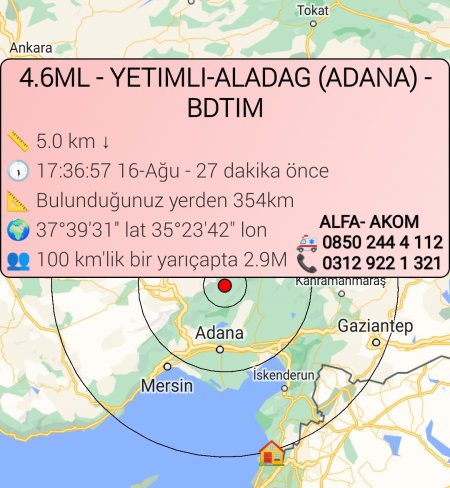 Yetimli - Aladağ - ADANA 'da 4.6. Büyüklüğünde Deprem