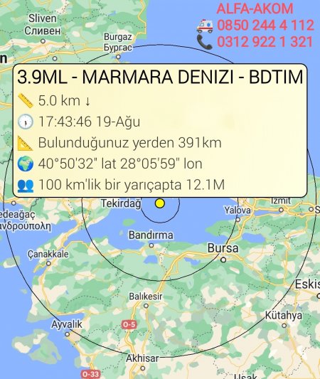 Marmara 'da 3,9 Büyüklüğünde Korkutan Deprem 