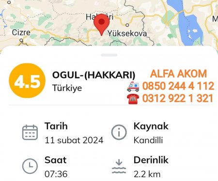 Hakkari'de 4,4 Büyüklüğünde Deprem