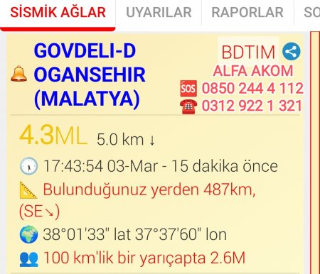 Gövdeli- Doğanşehir MALATYA'DA 4,3 BÜYÜKLÜĞÜNDE DEPREM MEYDANA GELDİ 