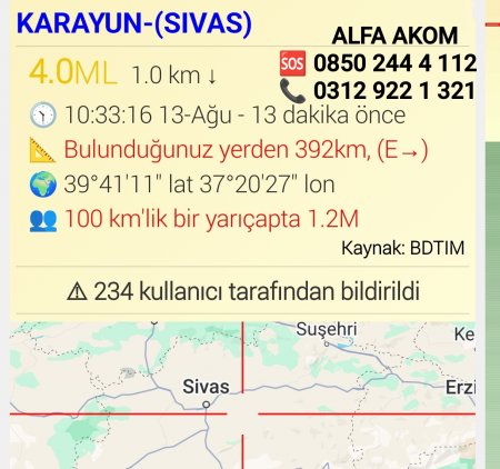 Sivas'ta 4.0 büyüklüğünde deprem meydana geldi 